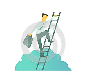 Businessman with briefcase climbing a ladder to success. Climbs the stairs Business metaphor upward movement