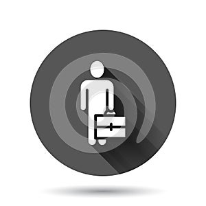 Businessman with briefcase icon in flat style. People manager vector illustration on black round background with long shadow