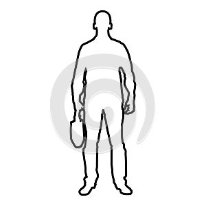Businessman with briefcase Man with a business bag in his hand silhouesse front view icon black color illustration outline