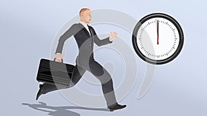 Businessman with a briefcase running late, businessperson chasing clock