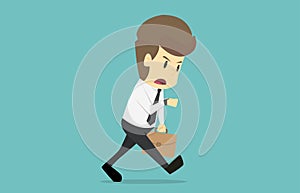 Businessman with the briefcase, running late, stressed and looking at his watch.Cartoon of business fail is the concept of the ma