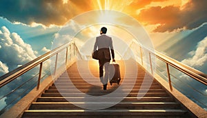a businessman with a briefcase walks up a staircase to heaven