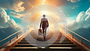 a businessman with a briefcase walks up a staircase to heaven