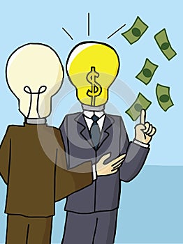 Businessman with bright light bulb head Dollar Sign.