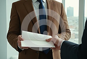 Businessman in brown suit showing paper blank sheet a4 isolated on white background.