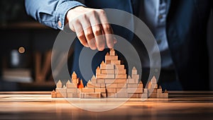 Businessman building pyramid of wooden blocks on table in office