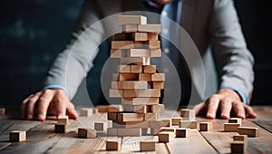 Businessman building a tower of wooden blocks. Business success and strategy concept