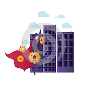 Businessman with buildings and hero cloak