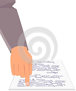 Businessman in business clothes points with his finger to document. Sheet of paper on table