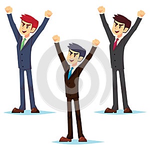Businessman in business clothes suit Young caucasian business man office worker happy victory hands up. Vector flat