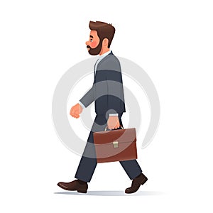 Businessman in a business suit and a briefcase in his hands goes to work on an isolated background. Vector illustration