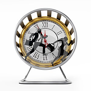 Businessman and business woman running in the hamster wheel. 3D illustration