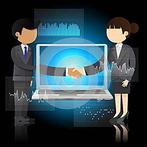 Businessman and business woman shaking hands and laptop