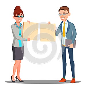 Businessman, Business Woman In Suits Holding Empty Banner Vector. Isolated Illustration