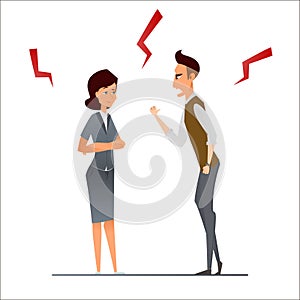 Businessman and businesswoman argue. Rude boss angry, yell and quarrel. Work conflict. Human resources problem. illustratio