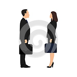 Businessman and businesswoman with briefcases are standing opposite