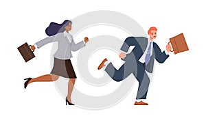 Businessman and businesswoman cartoon characters in formal wear with briefcase rushing to work