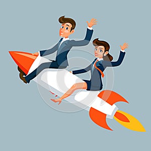 Businessman and businesswoman fly to success innovation rocket ship startup business cartoon character design vector