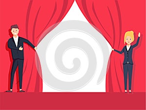 Businessman and businesswoman hands pull rope red cloth. Grand opening concept. Vector illustration flat design.