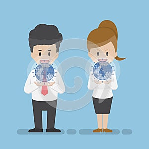 Businessman and Businesswoman Holding Virtual World on Their Han