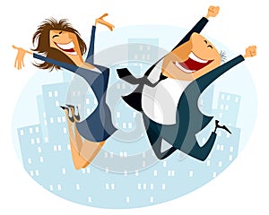 Businessman and businesswoman jumping