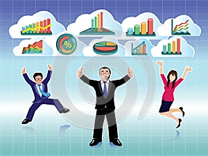 Businessman and Businesswoman jumping with business graphs cloud set