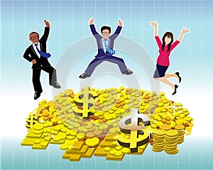 Businessman and Businesswoman jumping with gold coin and bullion
