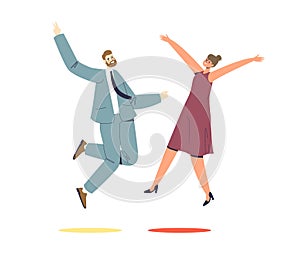 Businessman and businesswoman jumping with happiness celebrating victory or business success