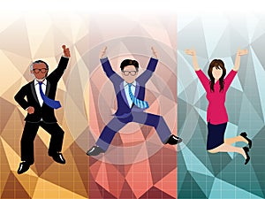 Businessman and businesswoman jumping with polygon background