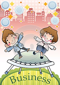 businessman and businesswoman jumping on trampoline. Vector illustration decorative design