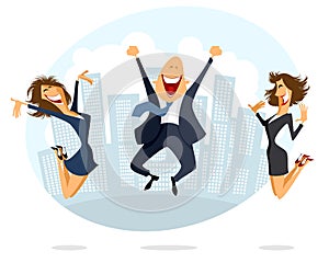 Businessman and businesswoman jumping