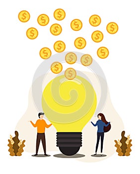 Businessman and businesswoman with a light bulb and a stack of coins.Man and woman holding glowing electric light bulb.Vector,