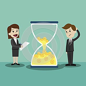 Businessman and businesswoman looking on sandglass with money. Time is money. Money in sandglass