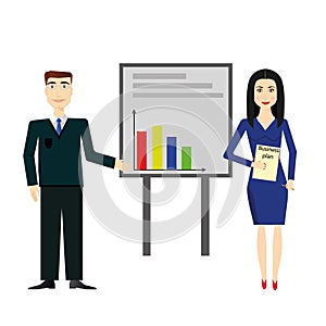 Businessman and businesswoman making presentation explaining charts on a grey board. Business seminar. Flat style vector