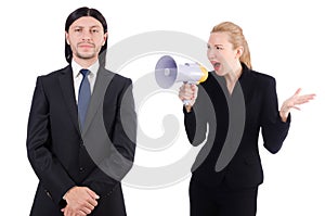 Businessman and businesswoman with megaphone