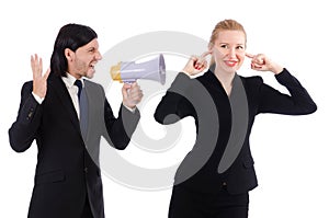 Businessman and businesswoman with megaphone