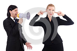 Businessman and businesswoman with megaphone