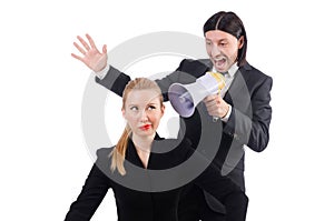 Businessman and businesswoman with megaphone