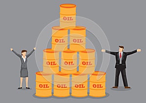 Businessman and Businesswoman with Raised Arms Besides Oil Barrels Vector Illustration