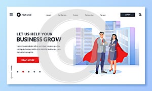 Businessman and businesswoman in red superhero cloaks. Vector illustration for web landing page, banner, poster design