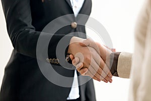 Businessman and businesswoman shaking hands, business handshake