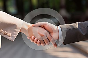 Businessman and businesswoman shaking hands, close-up. Handshake concept, Giving of wedding ring hand close up, AI Generated