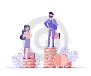 Businessman and businesswoman are standing on stacks of coins representing wages level. Gender gap and inequality in salary.