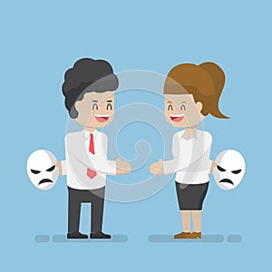 Businessman and Businesswoman Talking and Hiding Masks of Real