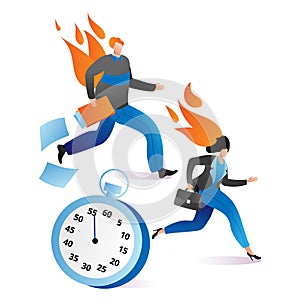 Businessman and businesswoman together running with burning head, business deadline work cartoon vector illustration