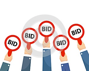 Businessman buyers hands raising auction bid paddles with numbers of competitive bidding price. Auction business bidders raise