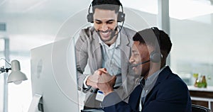 businessman, call center and team success at computer in customer service, telemarketing or support office. Fist bump