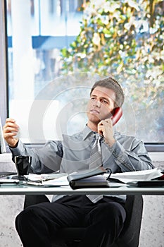 Businessman on call looking at paper