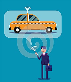 Businessman calling taxi with his mobile, phone. Concept business taxi service vector illustration.