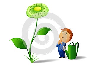 Businessman with can and green dollar flower plant